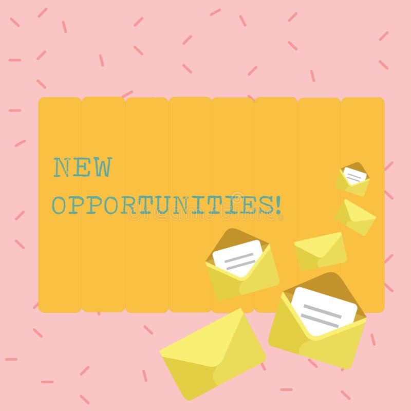 Text sign showing New Opportunities. Business photo showcasing exchange views condition favorable for attainment goal Closed and Open Envelopes with Letter Tucked In on Top of Color Stationery. Text sign showing New Opportunities. Business photo showcasing exchange views condition favorable for attainment goal Closed and Open Envelopes with Letter Tucked In on Top of Color Stationery