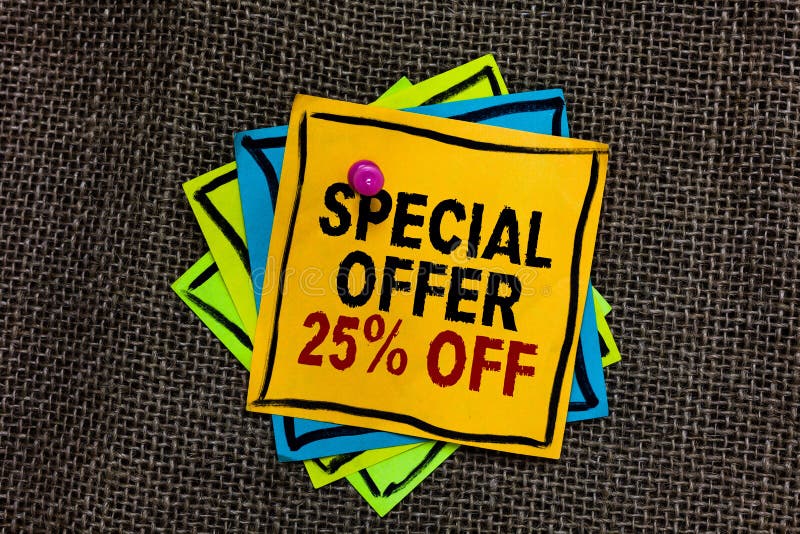 Text sign showing Special Offer 25 Off. Conceptual photo Discounts promotion Sales Retail Marketing Offer Black bordered different color sticky note stick together with pin on jute sack. Text sign showing Special Offer 25 Off. Conceptual photo Discounts promotion Sales Retail Marketing Offer Black bordered different color sticky note stick together with pin on jute sack