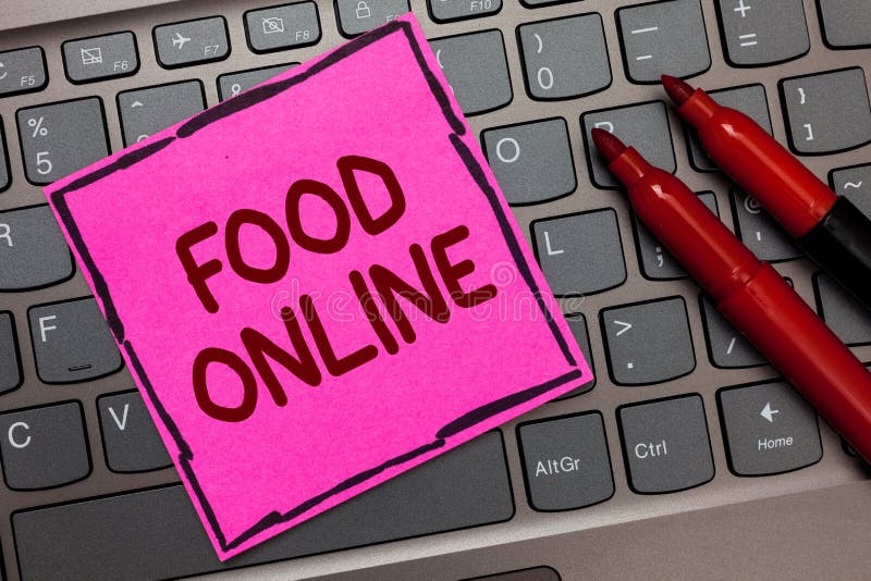 Tekstteken die Voedsel online tonen Conceptuele foto die om iets vragen het gebruiken van telefoon app of website te eten Roze do stock foto Tekstteken die Voedsel online tonen Conceptuele foto die om iets vragen het gebruiken van telefoon app of website te eten Roze do stock foto