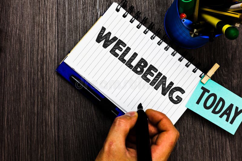 Text sign showing Wellbeing. Conceptual photo Healthy lifestyle conditions of people life work balance Reminder appointment daily work pens penholder clip paperclip papers. Text sign showing Wellbeing. Conceptual photo Healthy lifestyle conditions of people life work balance Reminder appointment daily work pens penholder clip paperclip papers