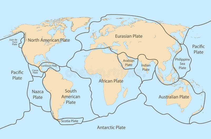 Tektonische plattegrond. continentale oceaan - pacific vulcano - aardrijkskundeplaten