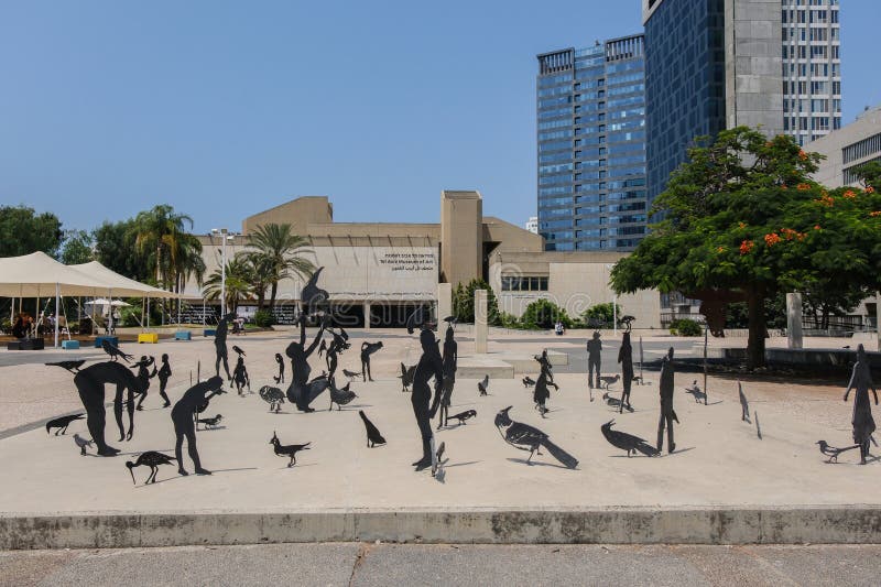 Tel-Aviv, Israel - August 23, 2023: A square in front of the Art Museum of Tel Aviv with sculptures in the foreground stock photo