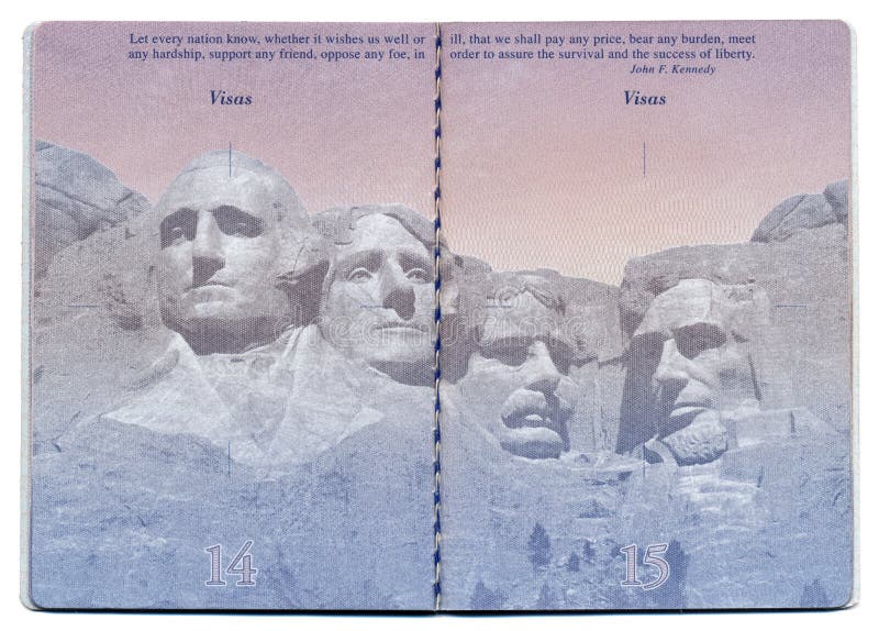 Tel-Aviv, Israel - December 23rd, 2010: Pages 14 and 15 of the new USA passport, still blank with the bacgkround image clearly visible. The image shown here is of the famous mount Rushmore with the portraits of four American presidents: George Washington, Thomas Jefferson, Theodore Roosevelt and Abraham Lincoln. above the image - a quote from the president John F. Kennedy. Isolated on white backgr. Tel-Aviv, Israel - December 23rd, 2010: Pages 14 and 15 of the new USA passport, still blank with the bacgkround image clearly visible. The image shown here is of the famous mount Rushmore with the portraits of four American presidents: George Washington, Thomas Jefferson, Theodore Roosevelt and Abraham Lincoln. above the image - a quote from the president John F. Kennedy. Isolated on white backgr