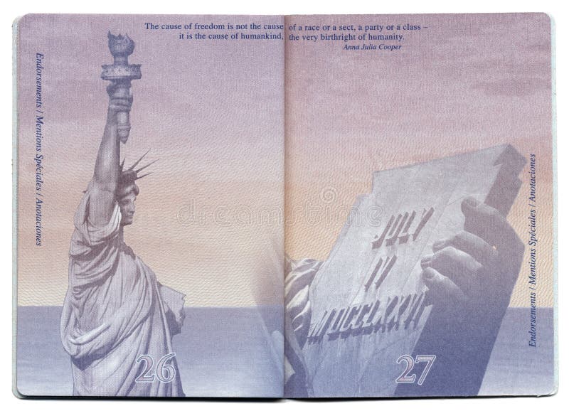 Tel-Aviv, Israel - December 23rd, 2010: Pages 26 and 27 of the new USA passport, still blank with the bacgkround image clearly visible. The image shown here is of the statue of liberty, as well as a close up of part of the statue. above the image - a quote from Anna Julia Cooper. Isolated on white background. DEAR INSPECTOR: There is no copyright violation here, as this document belongs to the US. Tel-Aviv, Israel - December 23rd, 2010: Pages 26 and 27 of the new USA passport, still blank with the bacgkround image clearly visible. The image shown here is of the statue of liberty, as well as a close up of part of the statue. above the image - a quote from Anna Julia Cooper. Isolated on white background. DEAR INSPECTOR: There is no copyright violation here, as this document belongs to the US
