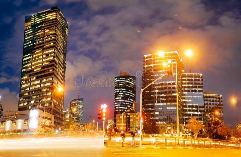 Tel Aviv at Night, Skyscraper Construction Sites and Traffic Stock