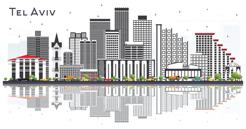 Tel Awiw Izrael City Skyline z szarowymi budynkami i refleksjami izolowanymi na białym ilustracji Tel Awiw Izrael City Skyline z szarowymi budynkami i refleksjami izolowanymi na białym ilustracji