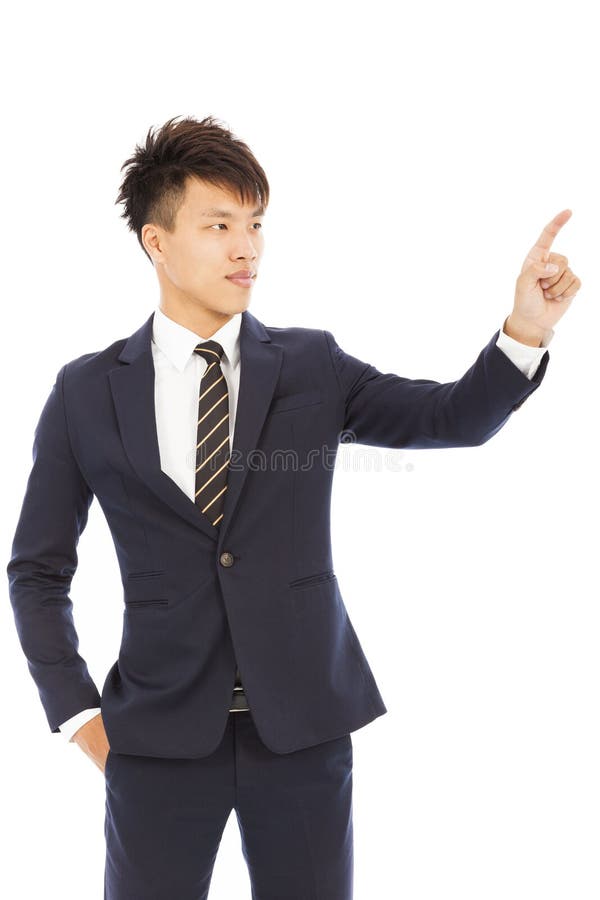 Tela tocante de mão e de dedo do homem de negócios no branco fotografia de stock royalty free Tela tocante de mão e de dedo do homem de negócios no branco fotografia de stock royalty free