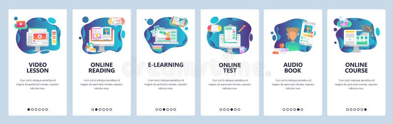 Telas onboarding do app móvel Educação em linha e curso video do Internet, livros audio e cursos em linha Vetor ilustração stock Telas onboarding do app móvel Educação em linha e curso video do Internet, livros audio e cursos em linha Vetor ilustração stock