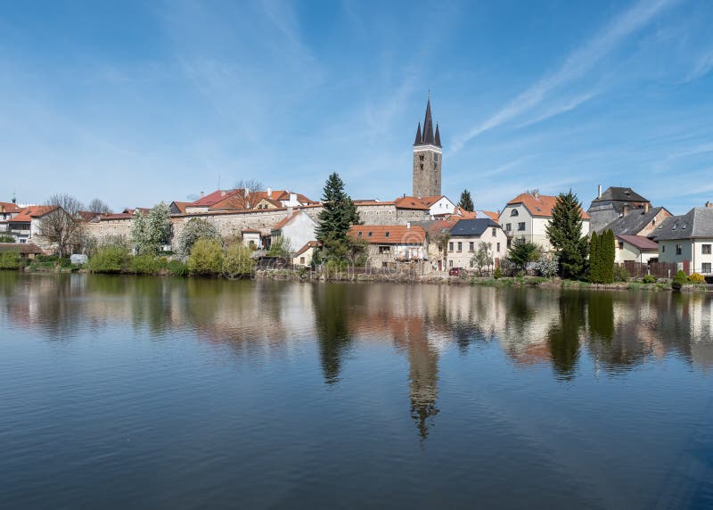 Telc Tower and Houses from Opposite River Bank Stock Photo Image of bohemia, towns 314681912