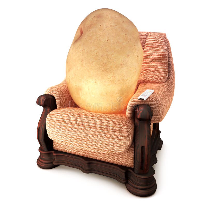 Humor, potato on a couch with a remote on a white background. Humor, potato on a couch with a remote on a white background