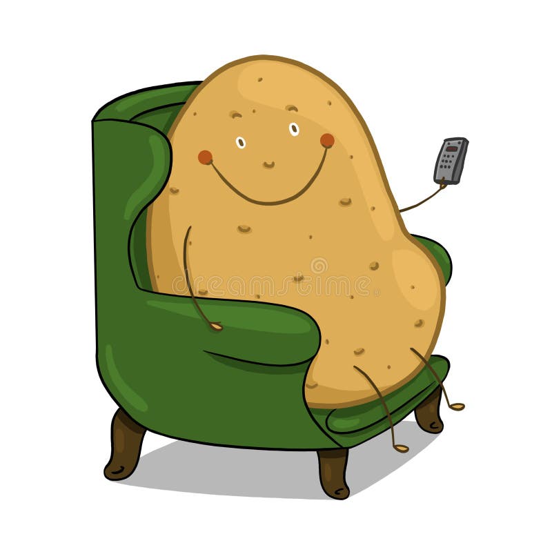 Smiling potato sitting on a couch holding a remote control illustration. Couch potato cartoon. Smiling potato sitting on a couch holding a remote control illustration. Couch potato cartoon