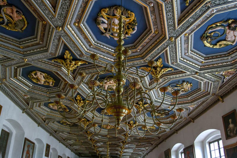 TELEC, CZECH REPUBLIC. On 4 May 2019. Fragment ceiling. Fragment of the interior of the celebration hall castle Telc. stock photos