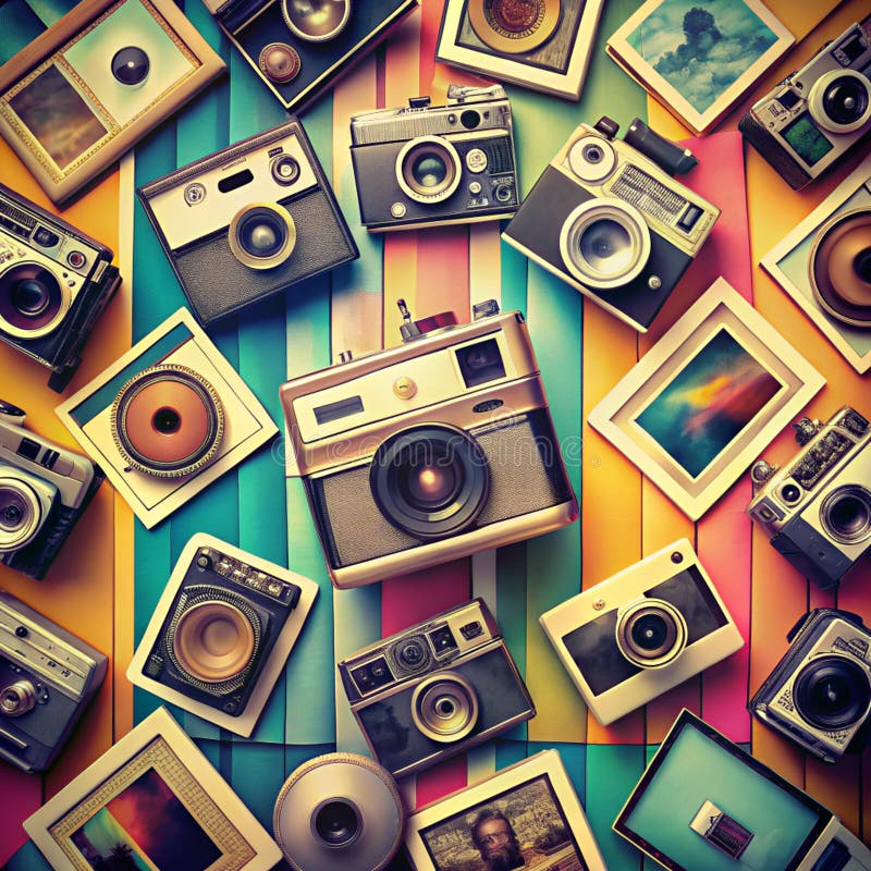 Telecamere e foto a colori su fondo a strisce royalty illustrazione gratis