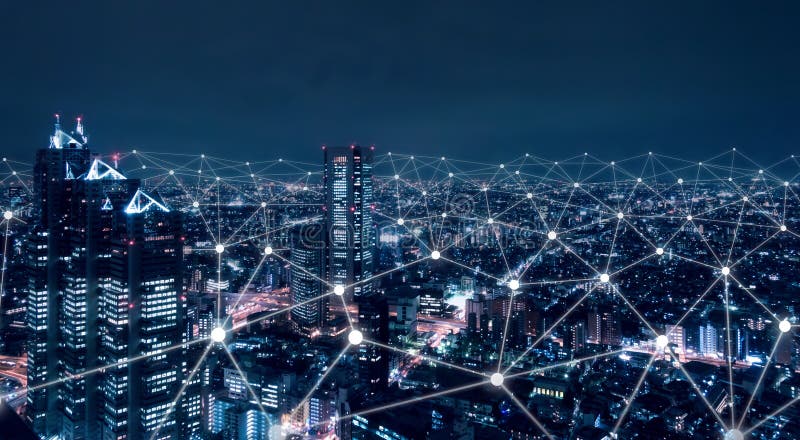Telecommunicatienetwerk boven de stad draadloze mobiele internettechnologie voor smart grid of 5g lte data connection concept over Telecommunicatienetwerk boven de stad draadloze mobiele internettechnologie voor smart grid of 5g lte data connection concept over
