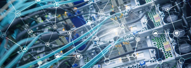 Telecommunication concept with abstract network structure and server room background. royalty free stock photos