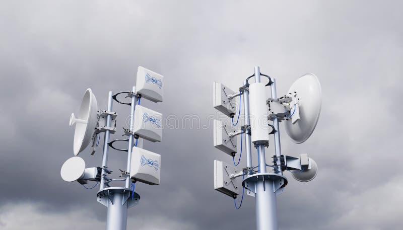 Telecommunication tower with 5G cellular network antenna against stormy sky with clouds, 3d rendering