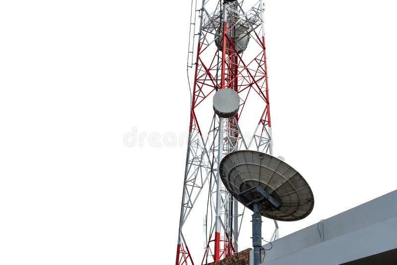 Telecommunication tower with satellite dish, isolated on white background, with clipping path