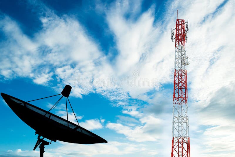 Telecommunications tower with satellite dish on sky