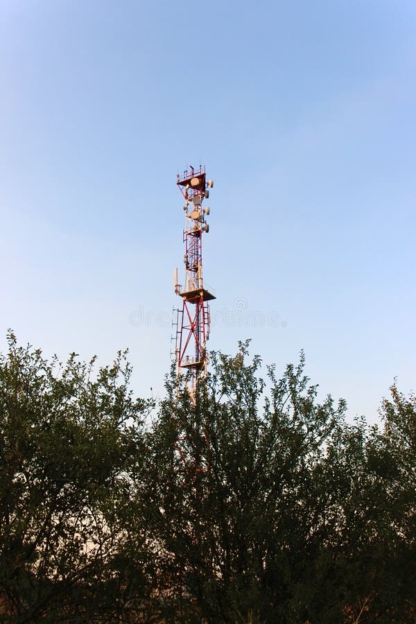 Tower and Satellite Dish Network on Blue Sky