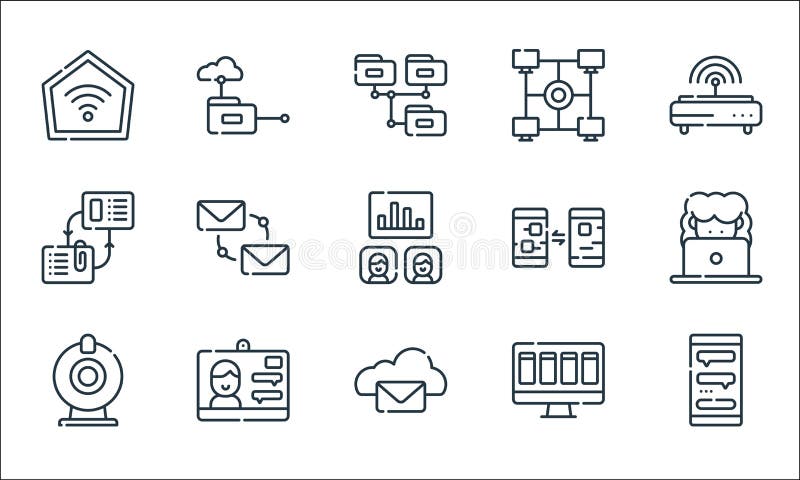 Telecommuting line icons. linear set. quality vector line set such as chat box, cloud, web camera, task, online, exchange stock illustration