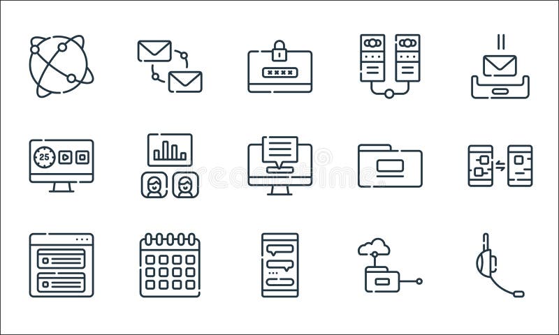 Telecommuting line icons. linear set. quality vector line set such as headphones, chat box, task, cloud computing, calendar, time vector illustration