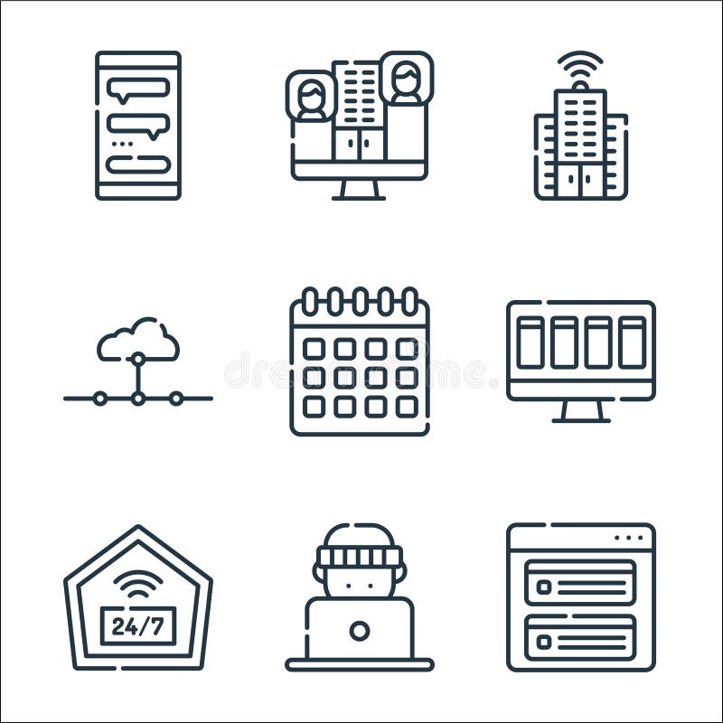 Telecommuting line icons. linear set. quality vector line set such as task, online, home, task, calendar, network, online royalty free illustration