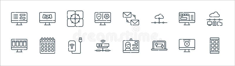 Telecommuting line icons. linear set. quality vector line set such as workflow, route, modem, task, team work, online, email stock illustration
