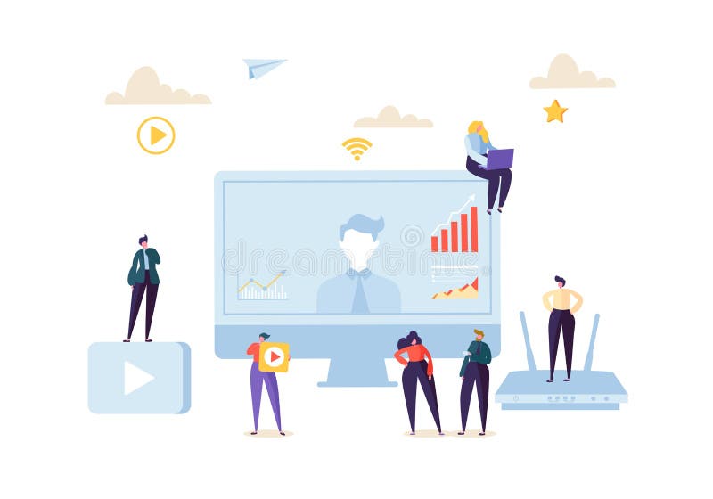 Teleconferenceonline-kommunikationsbegrepp Affärsfolk på de videokonferensWebinar teckenen på dataanalys vektor illustrationer
