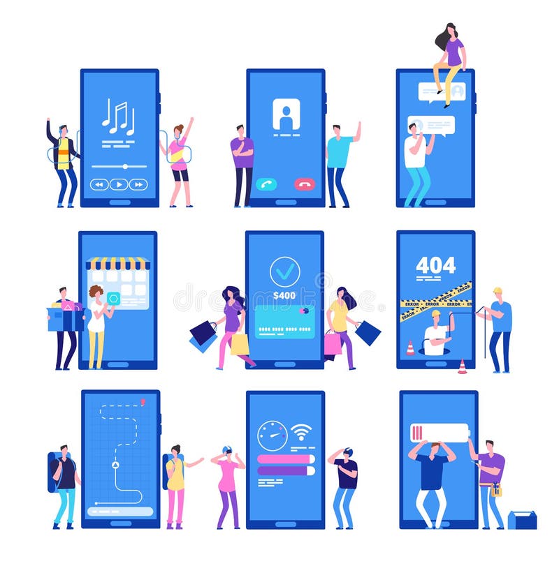 Telefon-APP und Leute Kleine flache Charaktere wirken auf Smartphoneanwendungs-Vektorsatz ein vektor abbildung Telefon-APP und Leute Kleine flache Charaktere wirken auf Smartphoneanwendungs-Vektorsatz ein vektor abbildung