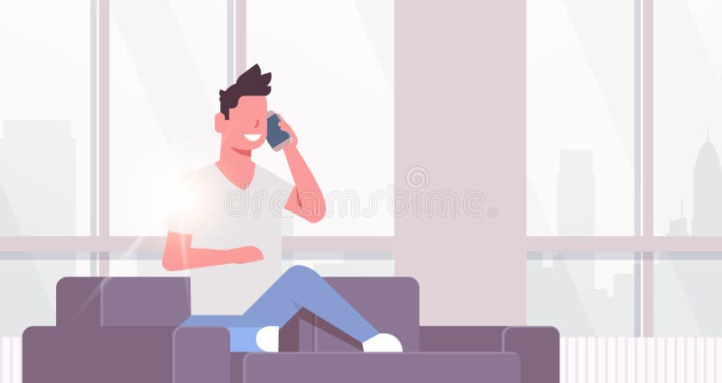 Telefon för ung man som kallar den lyckliga grabbsammanträdesoffan genom att använda smartphonekommunikationsbegrepp modern varda vektor illustrationer Telefon för ung man som kallar den lyckliga grabbsammanträdesoffan genom att använda smartphonekommunikationsbegrepp modern varda vektor illustrationer