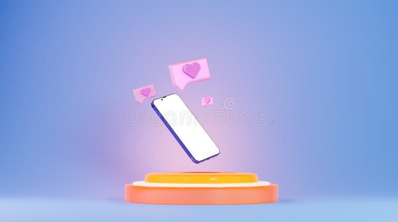 Telefon i powiadomienie o renderowaniu polubień 3d. pusty ekran układu smartfona na podium i ikony lubi. baner ilustracja wektor