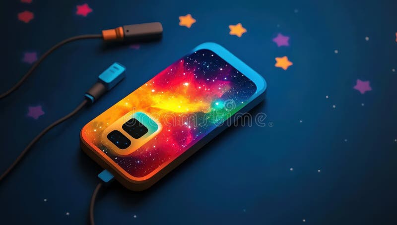 Telefon med kosmisk nebuli-bakgrund och färgstarka laddningskablar stock illustrationer