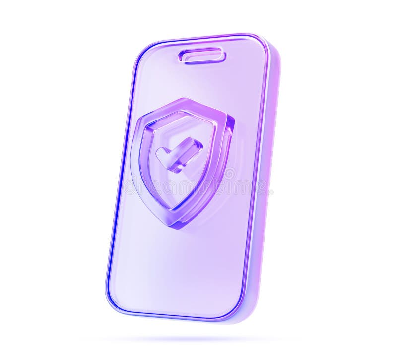 Telefon mobil holografic 3d din sticlă și scut de securitate cu bifă render. Pictogramă purpuriu gradient de antivirus al tehnolog stock illustration