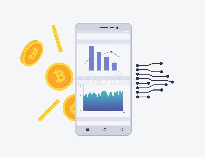 Telefon z crypto walutą na ekranie Bitcoin handlarski pojęcie Diagram i statystyki dla wiszącej ozdoby app ilustracji Telefon z crypto walutą na ekranie Bitcoin handlarski pojęcie Diagram i statystyki dla wiszącej ozdoby app ilustracji
