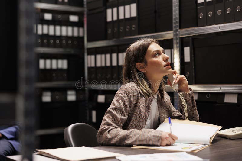 Manager talking at landline phone with remote bookkeeper, discussing accountancy report in storage room. Businesswoman working late at night at administrative catalog in corporate depository. Manager talking at landline phone with remote bookkeeper, discussing accountancy report in storage room. Businesswoman working late at night at administrative catalog in corporate depository