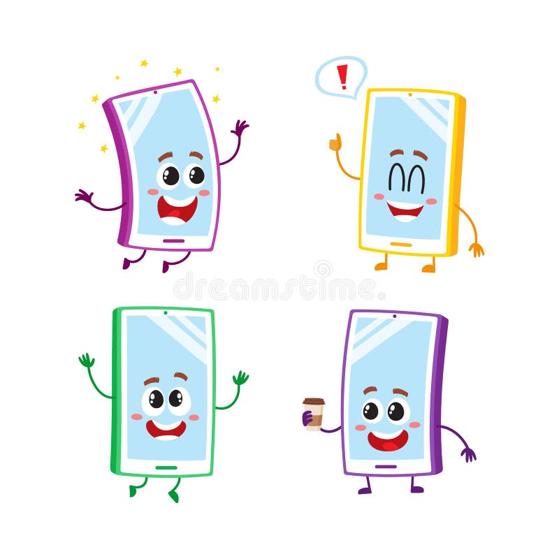 Telefone Celular De Quatro Desenhos Animados, Jogo De Caracteres Do  Smartphone Com Rostos Humanos Ilustração do Vetor - Ilustração de cartoon,  conceito: 92524667