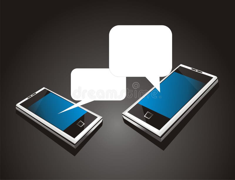 Black background two mobile device talking in social media bubles. Black background two mobile device talking in social media bubles