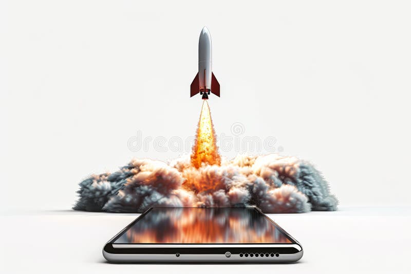 Telefonen visas med en raketstart i bakgrunden royaltyfri fotografi