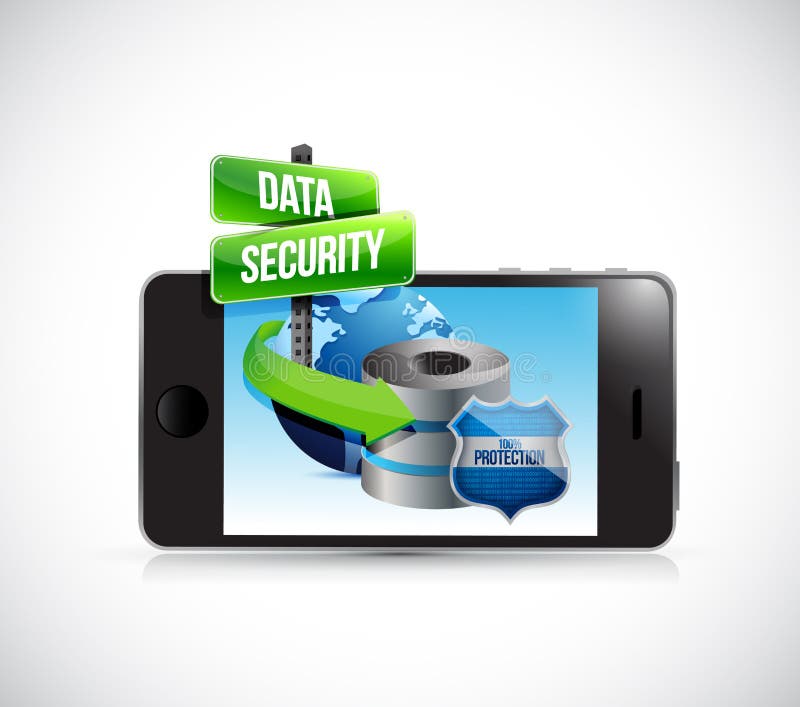 Telefoni e un server e uno schermo di protezione dei dati illustrazione di stock