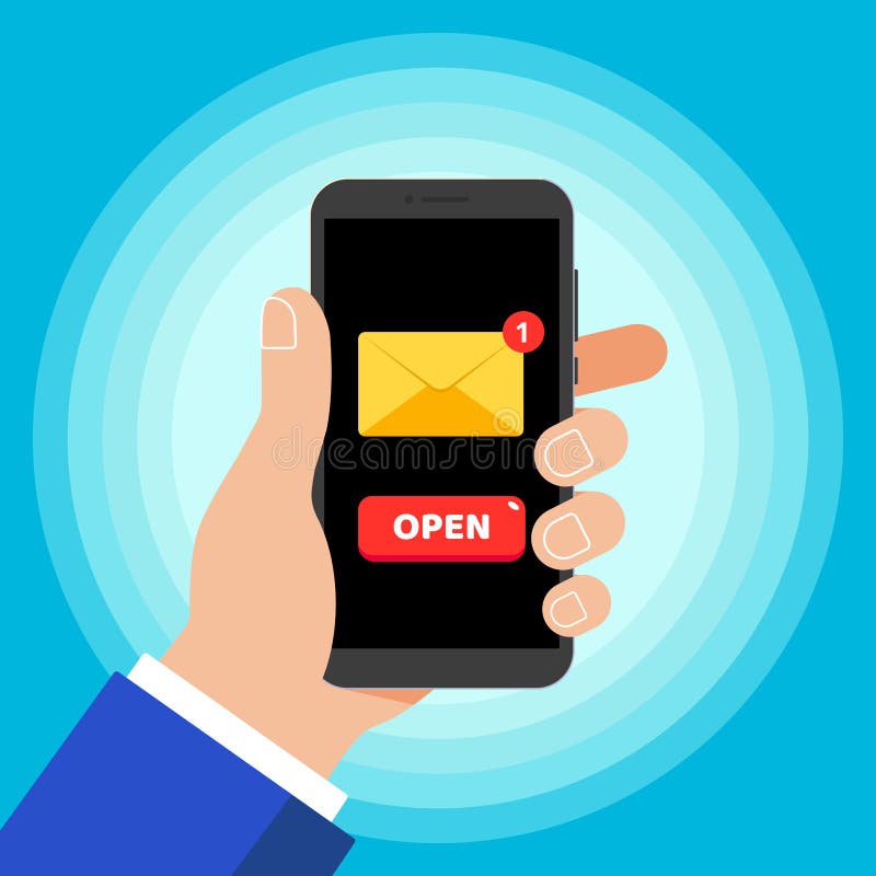 Telefono cellulare del nero della tenuta della mano isolato su fondo blu Smartphone in mano dell'essere umano con il nuovo messag illustrazione vettoriale Telefono cellulare del nero della tenuta della mano isolato su fondo blu Smartphone in mano dell'essere umano con il nuovo messag illustrazione vettoriale