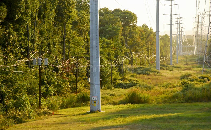 Telefoon Polen en de Kabels van de Hoogspanningmacht stock foto's Telefoon Polen en de Kabels van de Hoogspanningmacht stock foto's