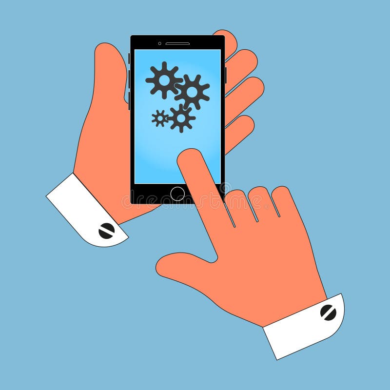 Telefoon ter beschikking met de radertjes op het scherm Isolatie op een blauwe achtergrond stock illustratie Telefoon ter beschikking met de radertjes op het scherm Isolatie op een blauwe achtergrond stock illustratie