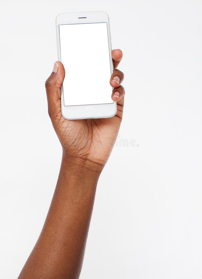 Afro american hand hold blank screen phone isolated on white background,mobile apps. Black arm. Top view.Mock up.Copy space.Template.Blank. Afro american hand hold blank screen phone isolated on white background,mobile apps. Black arm. Top view.Mock up.Copy space.Template.Blank.