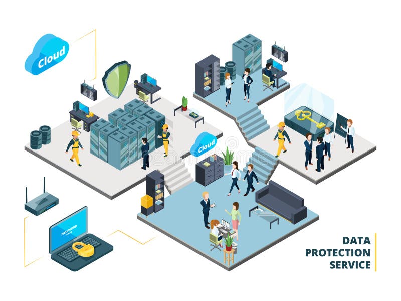 Telekomunikacj narzędzia Duży datacenter z odmianowymi systemami i obłocznymi serwerami Isometric ilustracje sieć royalty ilustracja Telekomunikacj narzędzia Duży datacenter z odmianowymi systemami i obłocznymi serwerami Isometric ilustracje sieć royalty ilustracja