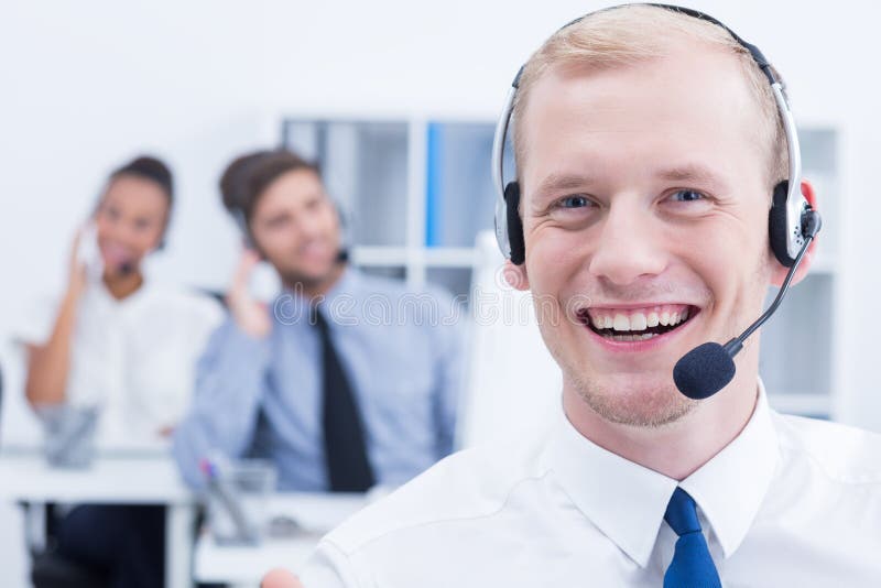 Telemarketer wearing headset