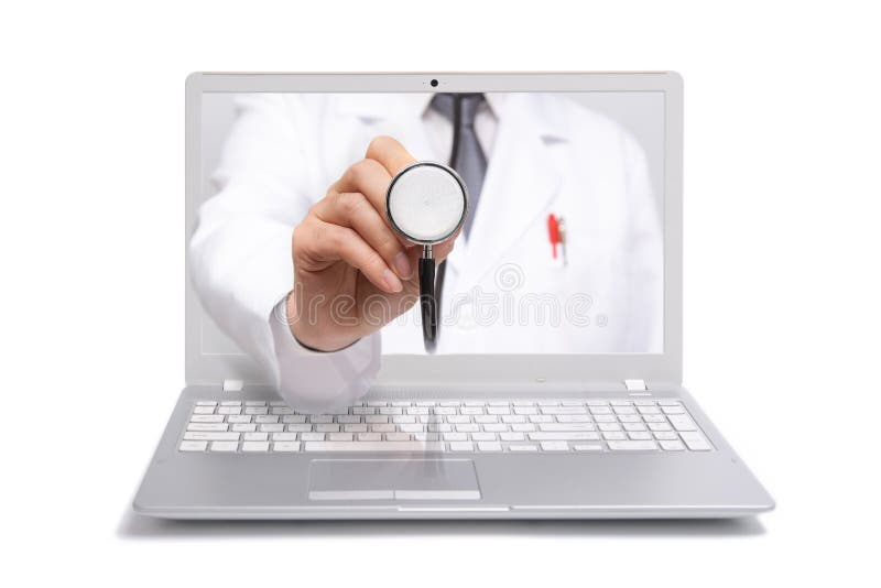 Telemedicine pojęcie Lekarka z stetoskopem na komputerowym laptopu ekranie obrazy stock