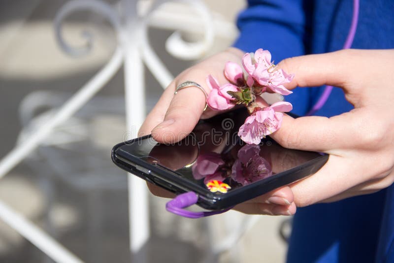 Telephone and Flower in Female Hands. Stock Image Image of person