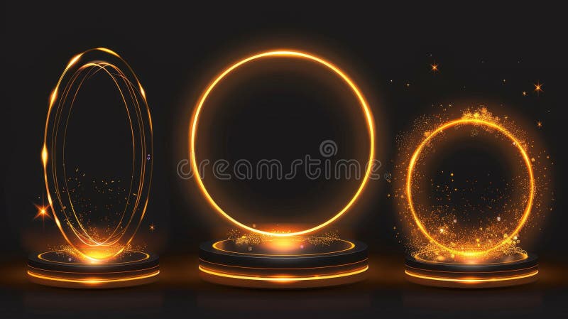 The golden game hologram light circle podium teleport. A set of modern elements featuring plexus line, stardust, and a golden circle podium.. AI generated. The golden game hologram light circle podium teleport. A set of modern elements featuring plexus line, stardust, and a golden circle podium.. AI generated