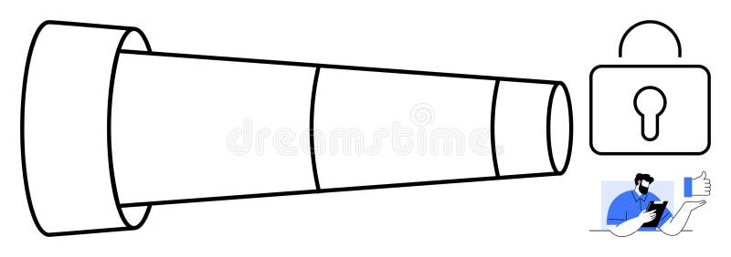 Telescope with Padlock and User Engaging on Mobile Device Highlighting Security and Exploration stock illustration