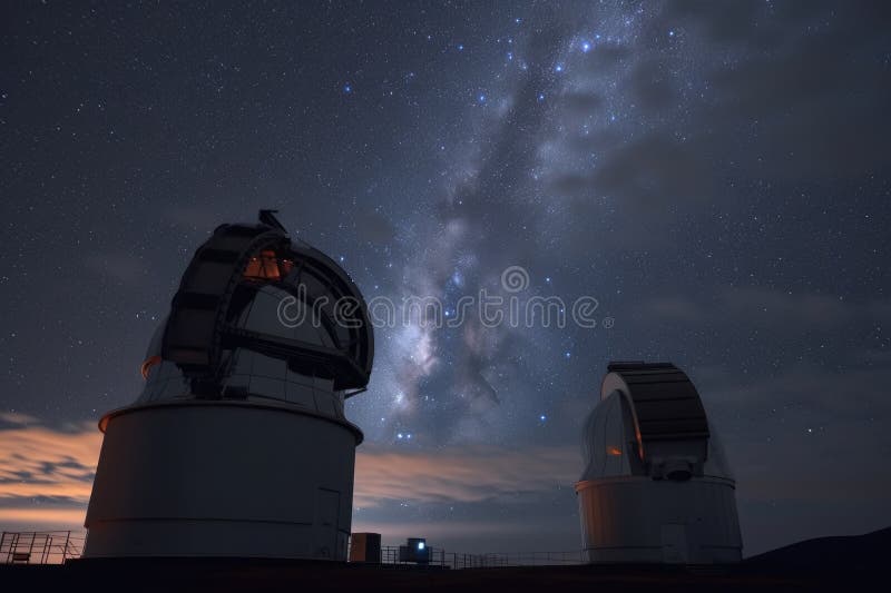 Telescopes and Observatories in the Midst of a Stormy Night Sky Stock